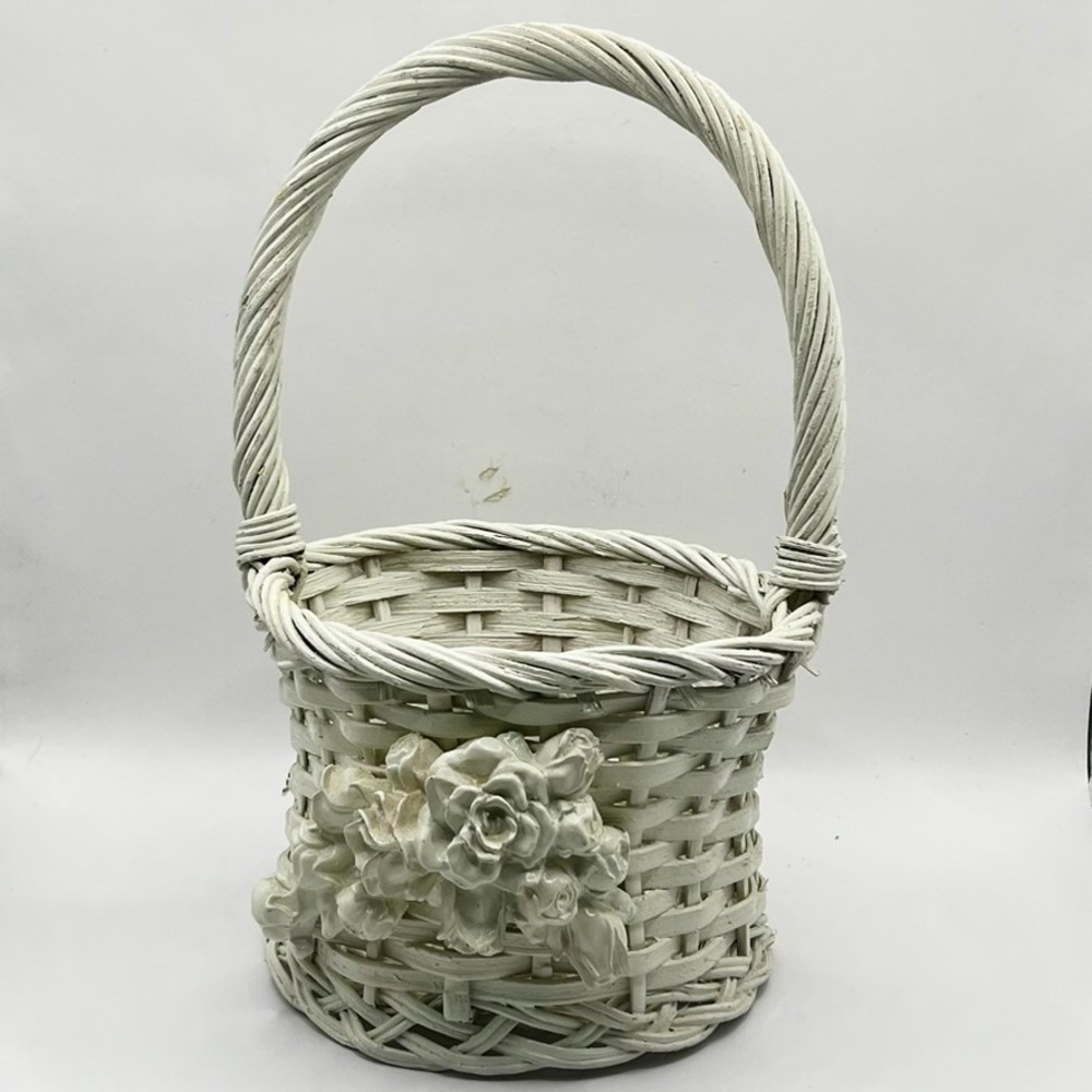 Vintage 80s White Wicker Basket with 3D Flowers Cottage Core 11x6"